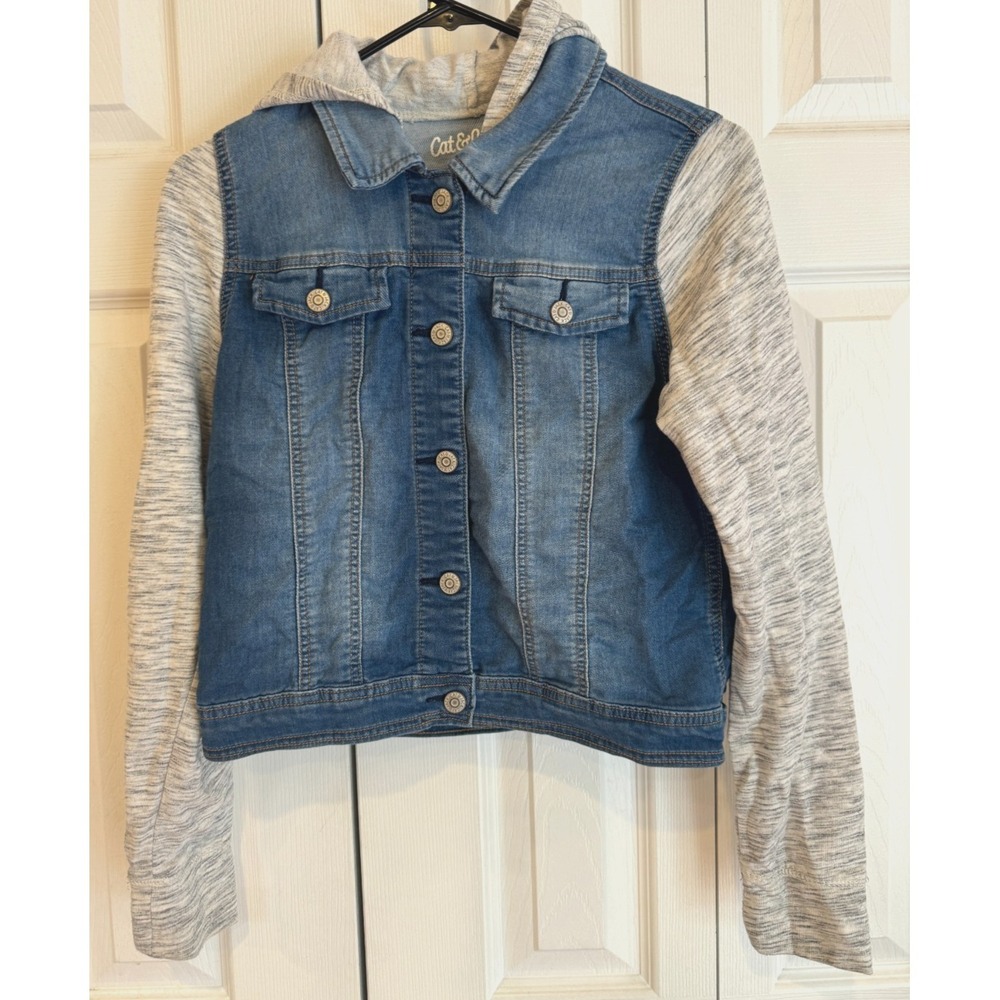 Cat & Jack Kitty Cat Hood Denim Blue & Gray Snap-Up Jacket Girls Size XL (14/16)
